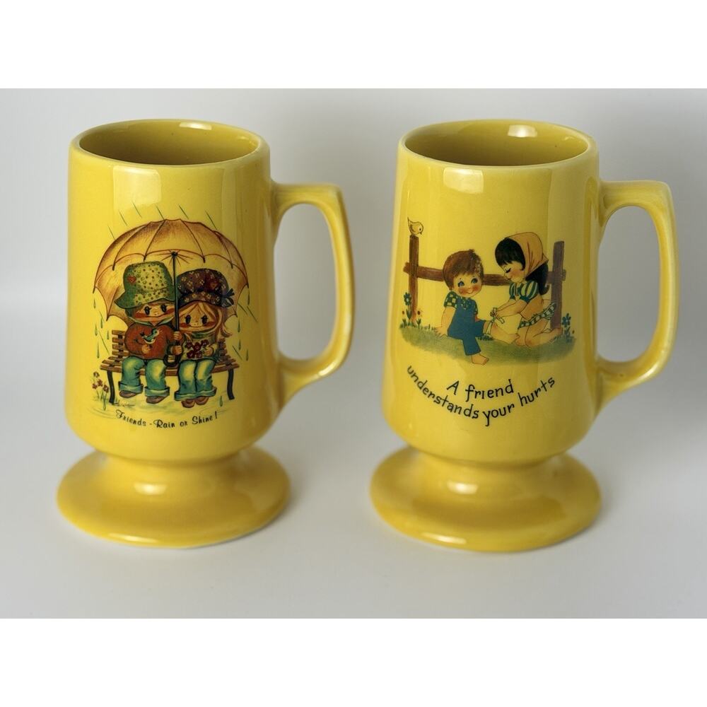 2 Vintage Yellow Pedestal Mugs with Nostalgic Illustrations of Best Friends